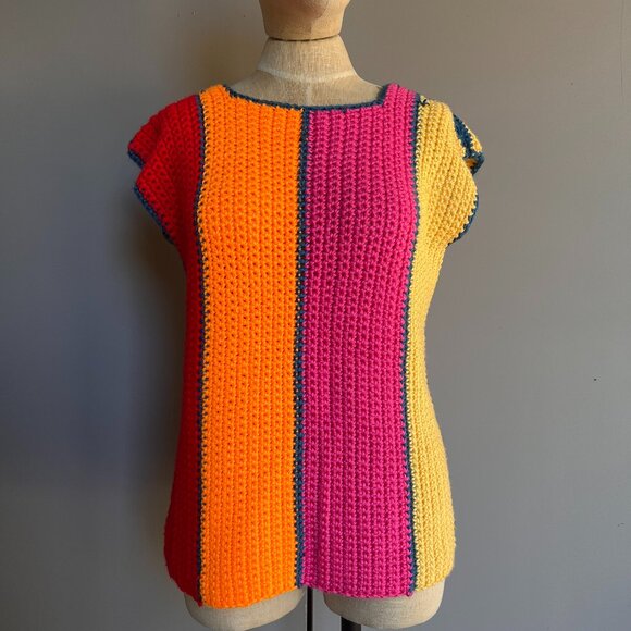 Vintage Handmade Crocheted Rainbow Tunic Cap Sleeve Sweater - Picture 1 of 4